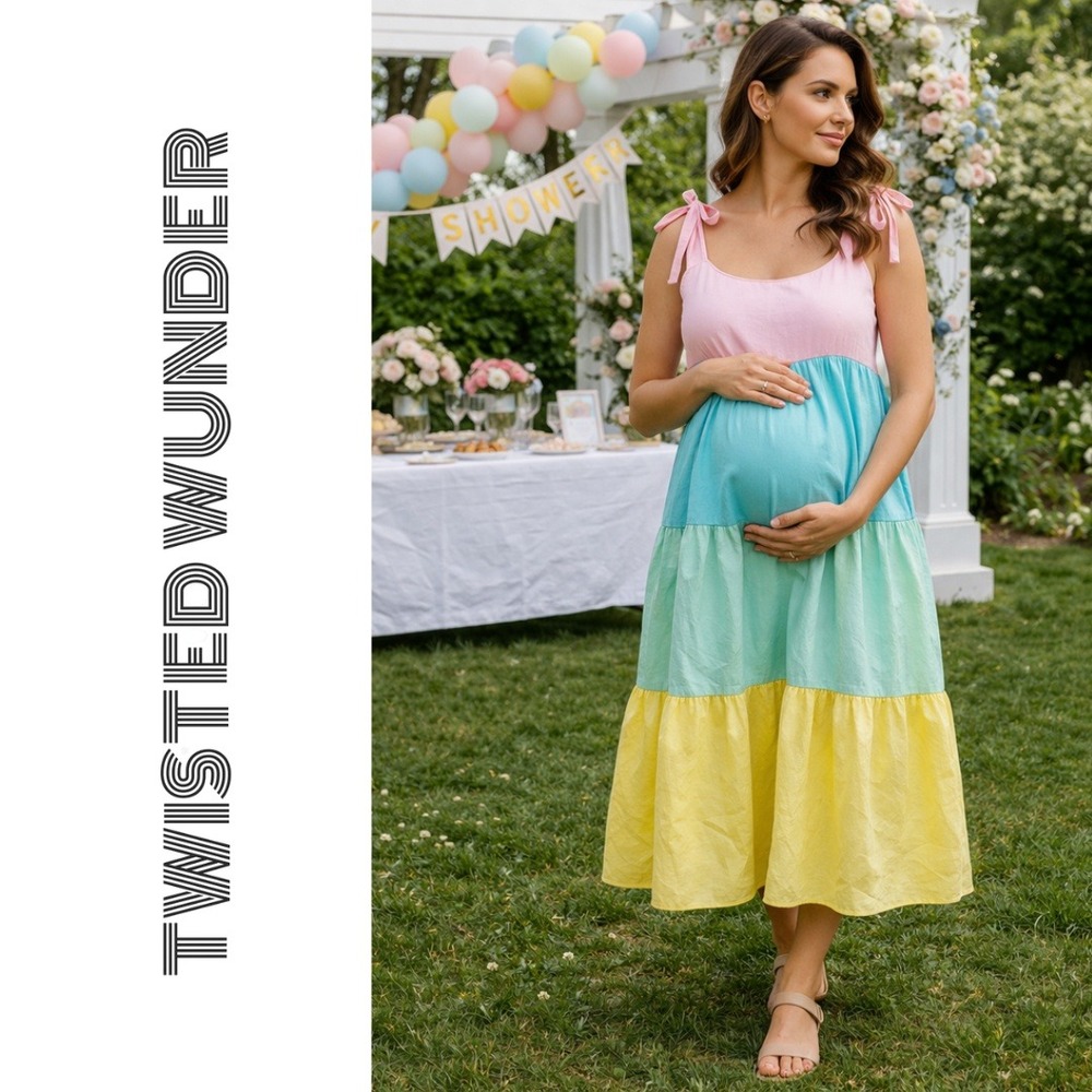 NWT, Twisted Wunder Maternity Tiered Colorblock Dress Tie Strap Pink Blue Yellow
